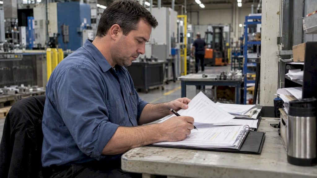 Manager reconciling plant stoppage cost records