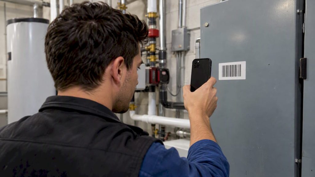 Technician scanning an equipment barcode with a phone