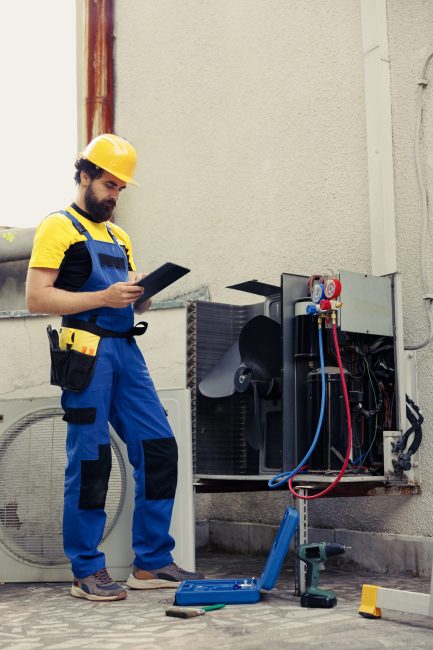 Technicien à la recherche de fuites de fréon Interface FullyOps pour la planification de la maintenance préventive des systèmes de chauffage, de ventilation et de climatisation (CVC)